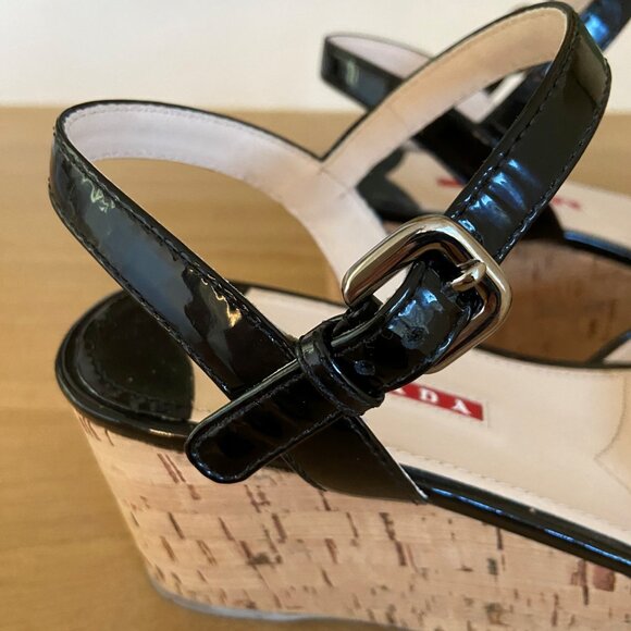 Prada Black Patent Sandals With Cork Wedge 36.5 - Picture 10 of 10